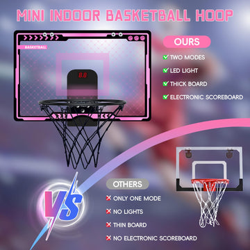 Indoor Basketball Hoop With Electronic Scoreboard And Led Light, Pink Over The Door Basketball Toy, For Kids Aged 4, 5, 6, 7, 8+
