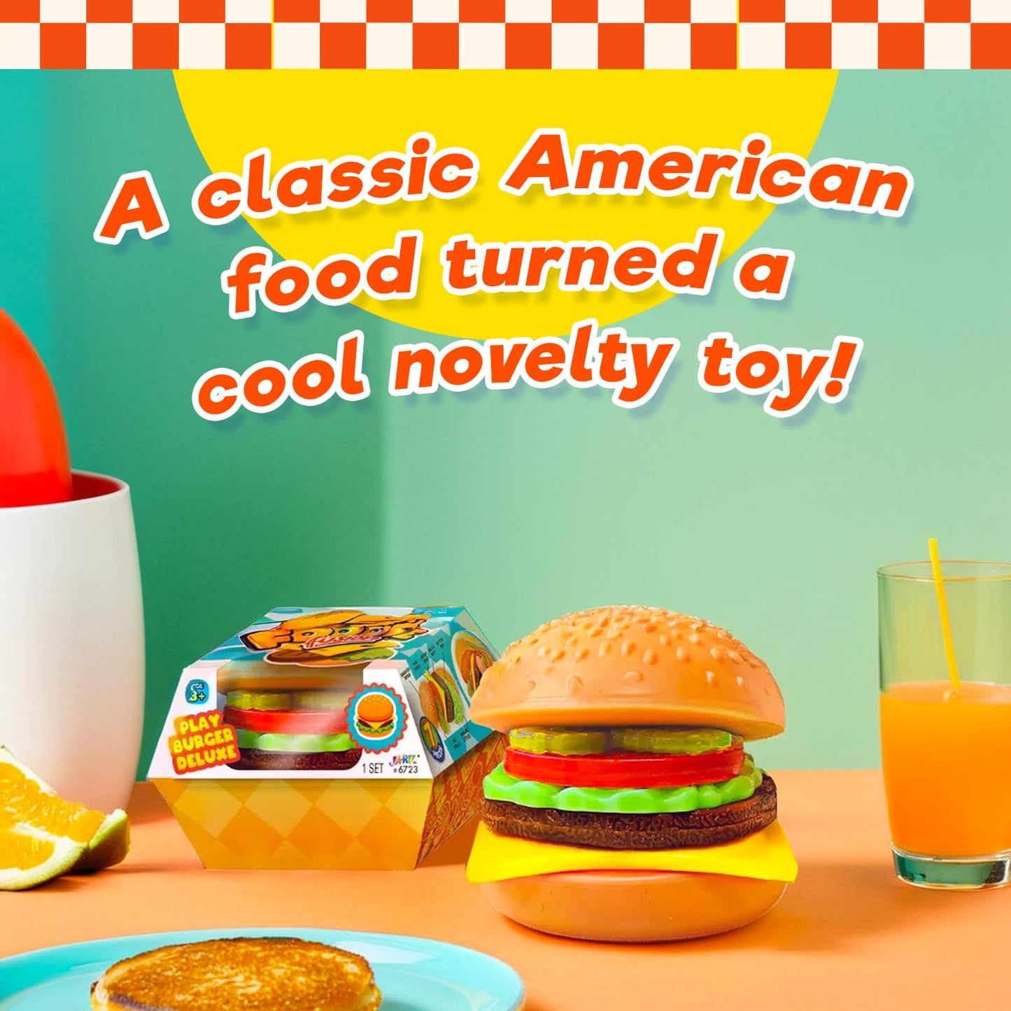 JA-RU Foodie Fusion Play Burger Deluxe Squishy Toy (1 Pack) Smushy Make Your own Patty. Squish Grilled Food Toys for Kids Teen & mature-themed. Stretchy Therapy Stress Relief Fidget Party Favor. 6723-1