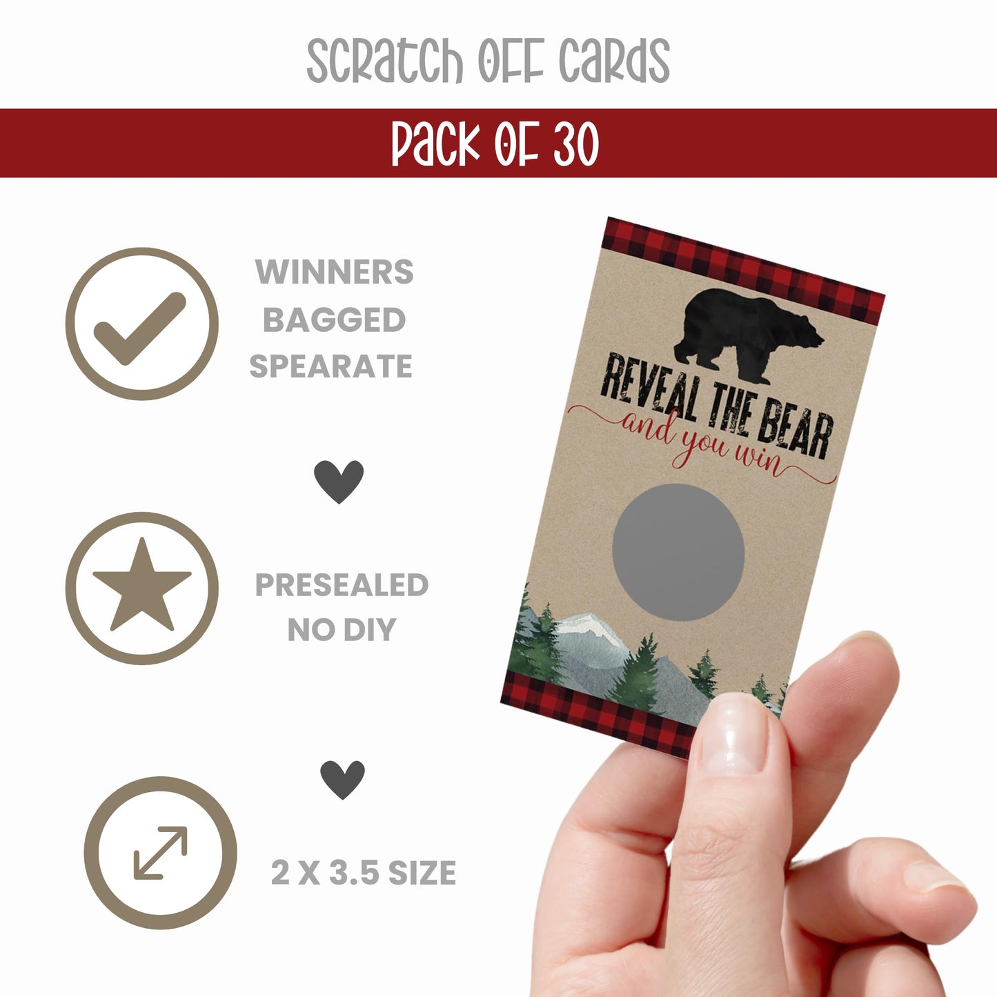 Paper Clever Party Baby Shower Games For Boy - 30 Cards - Fun Scratch Off Game For Guest Activities To Reveal Prizes, Lumberjack Favors Ideas, Mama Bear Theme Red And Black