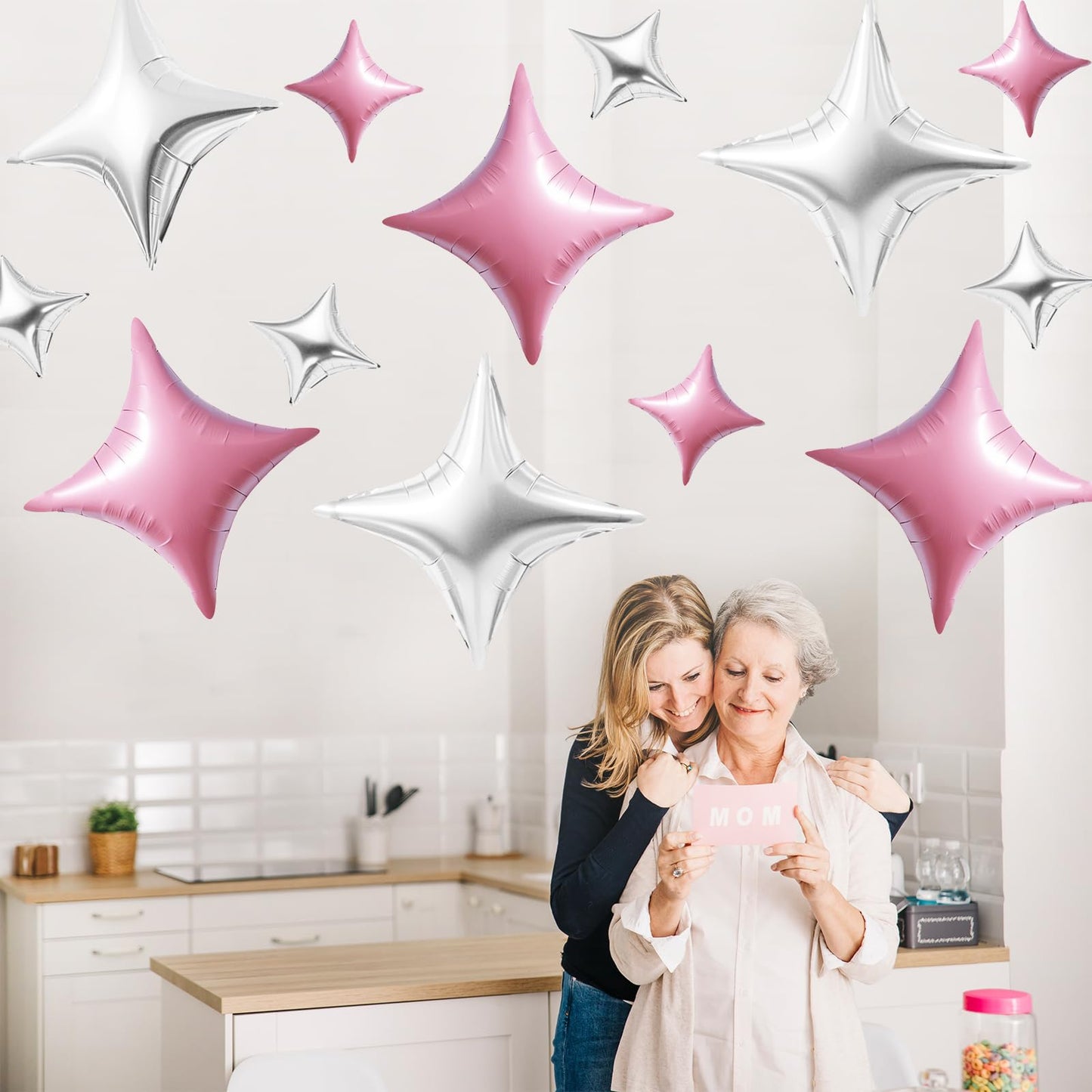 TONIFUL 30Pcs 26In&10In Star Balloons Pink and Silver Four Pointed Star Shape Foil Balloons Mini Star Mylar Balloons for Birthda