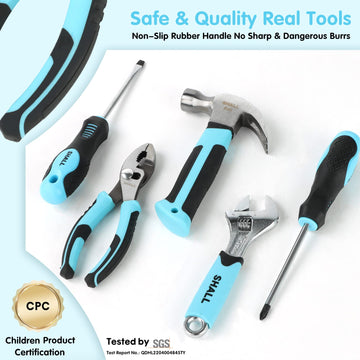 SHALL 26-Piece Kids Size Tool Set, Real Tools Kit for Kids with 12'' Tool Bag, Safety Certified Children Learning Tool Set with
