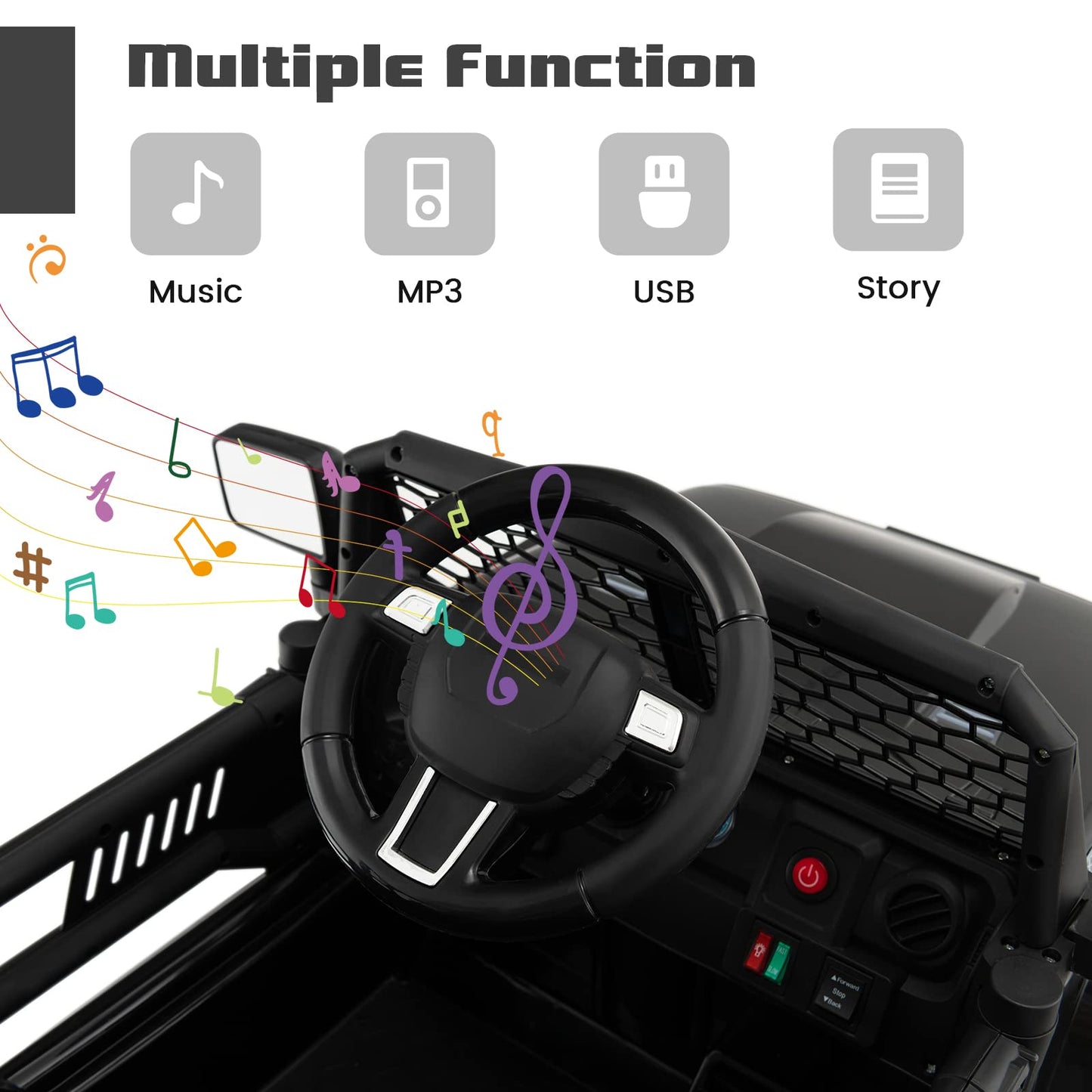 Olakids Kids Ride On Truck, 12V Electric Vehicle Jeep Car With Remote Control, Toddlers Battery Powered Toy With 2 Speeds, Spring Suspension, Double Open Doors, Led Lights, Music, Tf, Usb, Mp3 (Black)