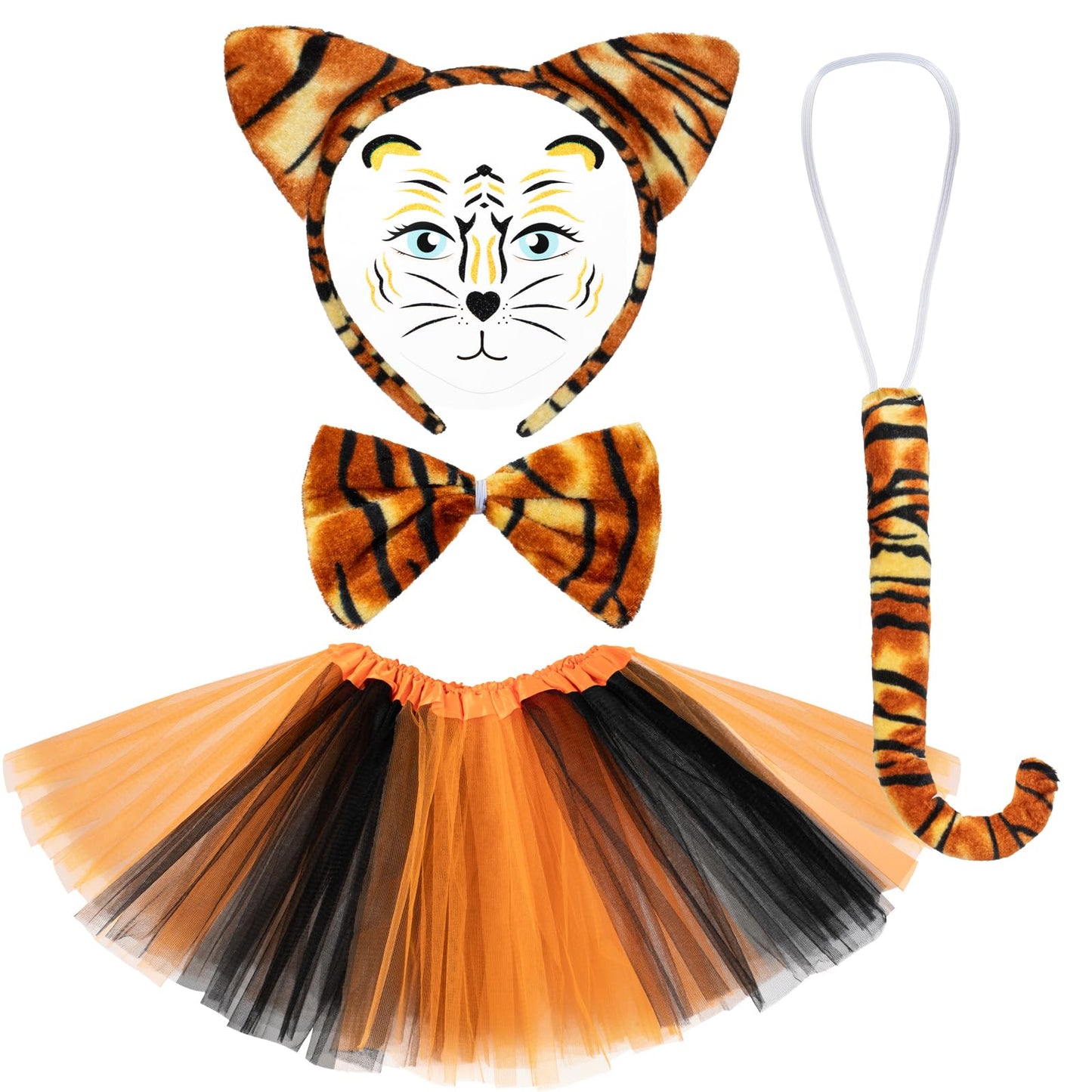 BROMZ Kids Tiger Costume Set - 5 Pcs with Ears Headband, Tail, Bowtie, Tutu & Face Sticker for Halloween Party, One Size