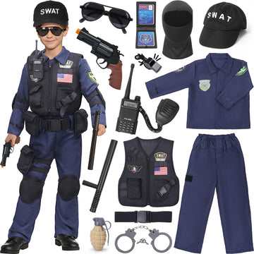 Latocos 15 PCS SWAT Police Officer Costume for Kids, Multicolored Vest & Accessories, Size 3-4T, Perfect for Halloween Cosplay