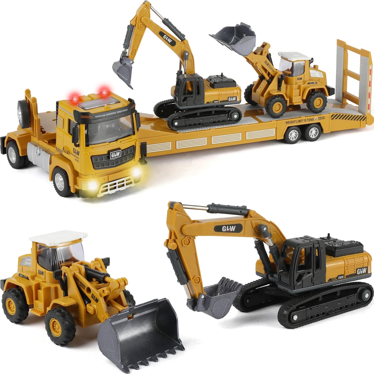 SHINESIGNAL Kids Construction Truck Vehicles Toys 3 Set, Inertial Driving Metal Semi Truck Trailer and Diecast Excavator Bulldoz