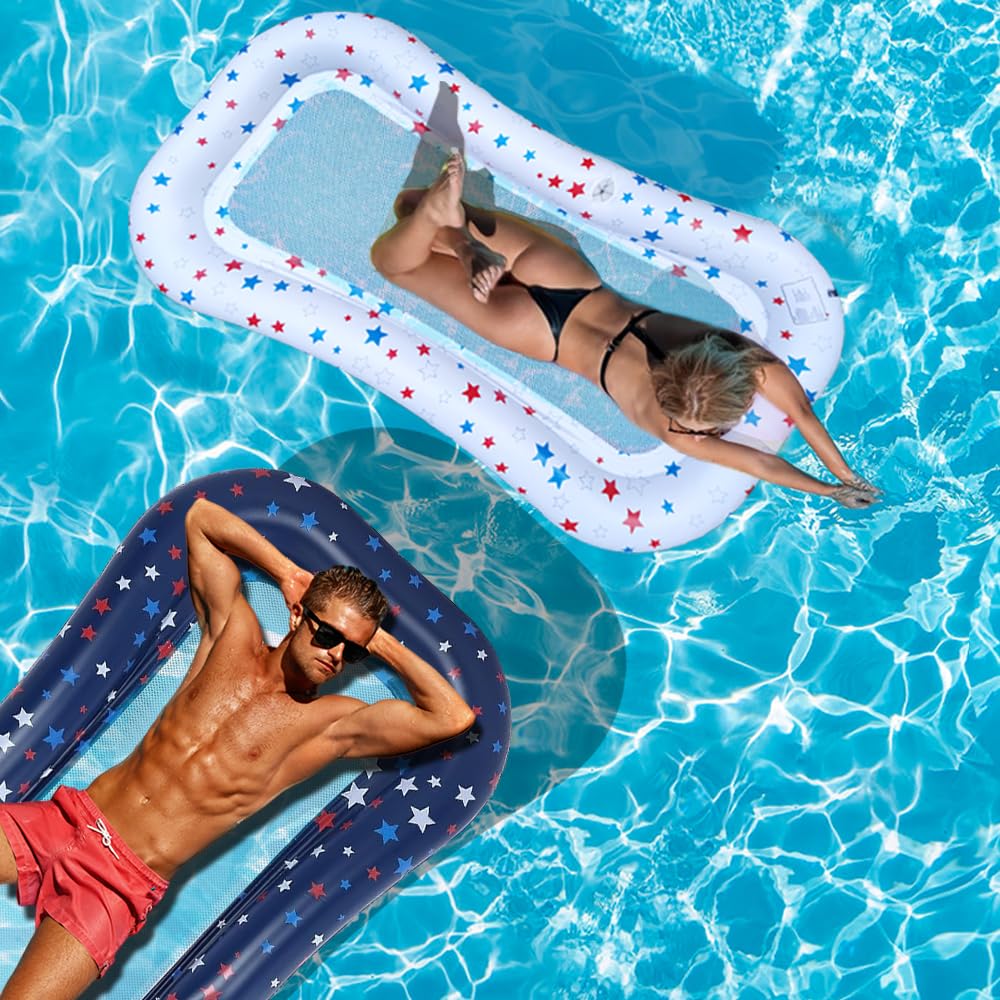Poorafters 2 Pack Pool Float Lounge Extra-Large Cooling Mesh Inflatable Raft With Cup Holder White&Blue Ultra-Comfort Cooling Fl
