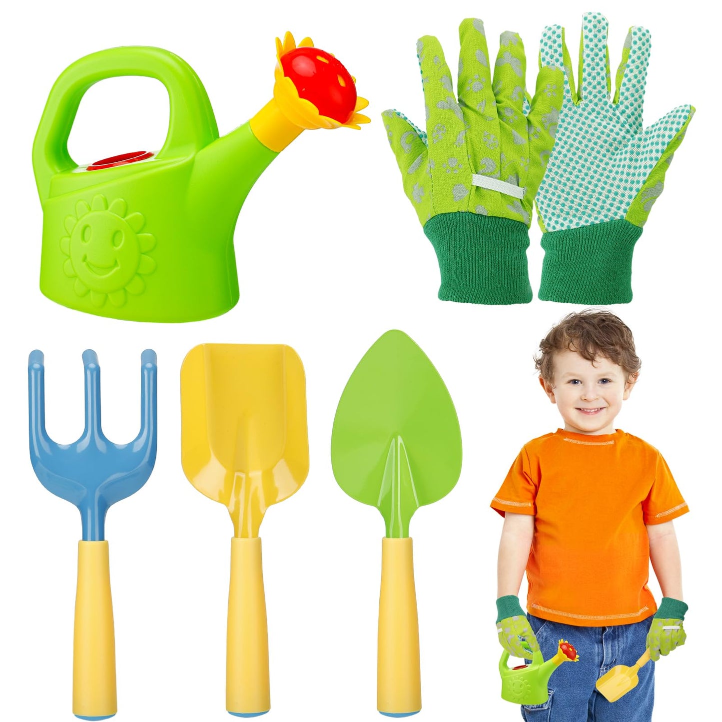 Kids Gardening Tools Set- Watering Can Toy Set With Kids Gloves, Shovel Hand Rake, Made Of Metal With Sturdy Plastic Handle- Tod
