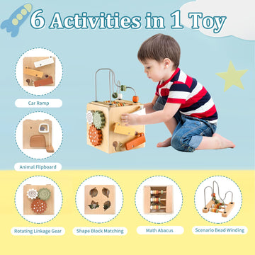 Smartwo Wooden Activity Busy Cube Montessori Toys For 1 Year Old, 6-In-1 Activity Center Baby Bead Maze Toys, Sensory Shape Sort