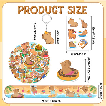 Lcnjscgo 98 PCS Capybara Party Favors, Capybara Temporary Tattoos, Slap Bracelets, Keychains, Stickers, and Badges for Kids Capy