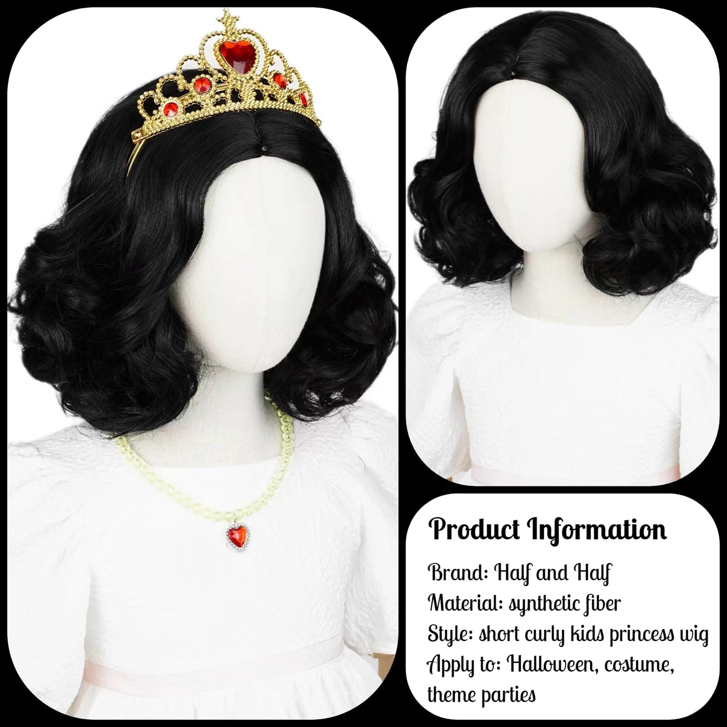 Princess Wig Set Kids Short Curly Black Cosplay Wigs For Kids Girls, Black Middle Part Wig Child'S Costume Wigs Synthetic Hair F