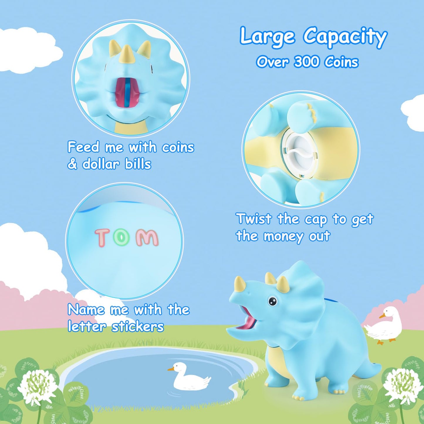 Pjdrllc Dinosaur Piggy Bank For Kids, Unbreakable Plastic Money Coin Bank For Boys And Girls, Great Gifts For Birthday, Easter, Christmas (Blue)