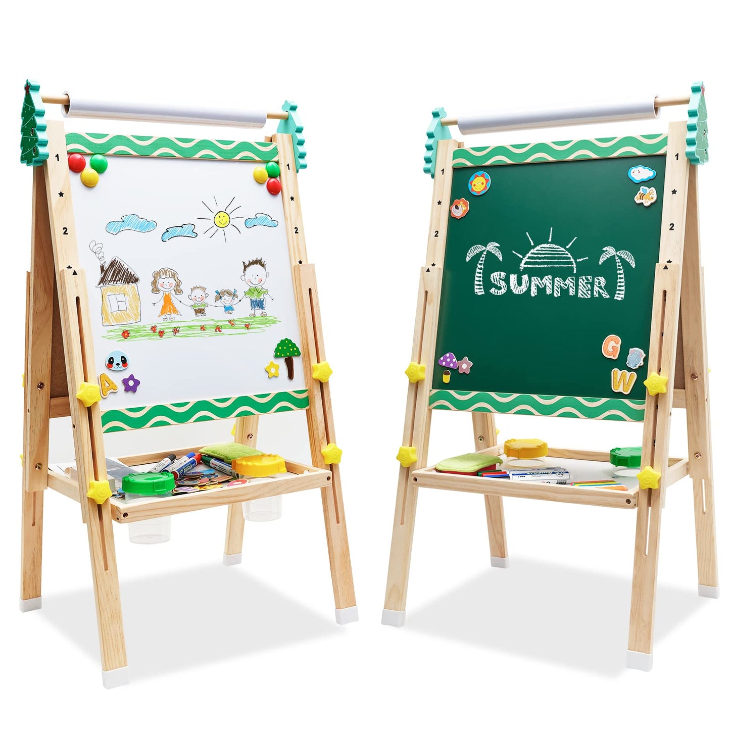 Kids Easel With Paper Roll Wooden Art Easel With Chalkboard & White Board Painting Accessories Storage Tray Double-Sided Board H