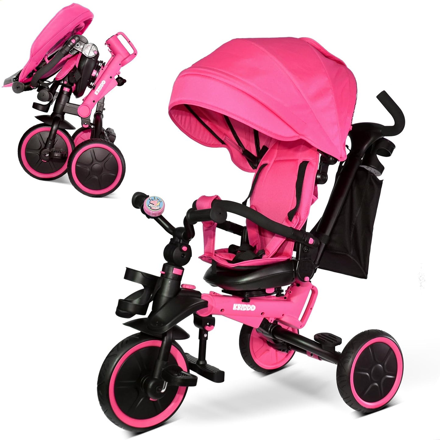 KRIDDO 8-in-1 Foldable Tricycle Stroller for Toddlers 18 Months to 5 Years, 5-Point Seatbelt, 1-Step Brake Pedal, Extended Canop
