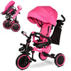 KRIDDO 8-in-1 Foldable Tricycle Stroller for Toddlers, Pink, Large, Carbon Steel, 5-Point Seatbelt, Extended Canopy, Detachable Guardrail