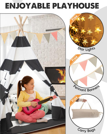 Teepee Tent For Kids, Xiaowantong Kids Teepee Tent With Padded Mat, Lights, Carry Bag, Natural Cotton Canvas Toddler Play Tent Indoor, Washable Foldable Teepee Tent For Girls & Boys Outdoor