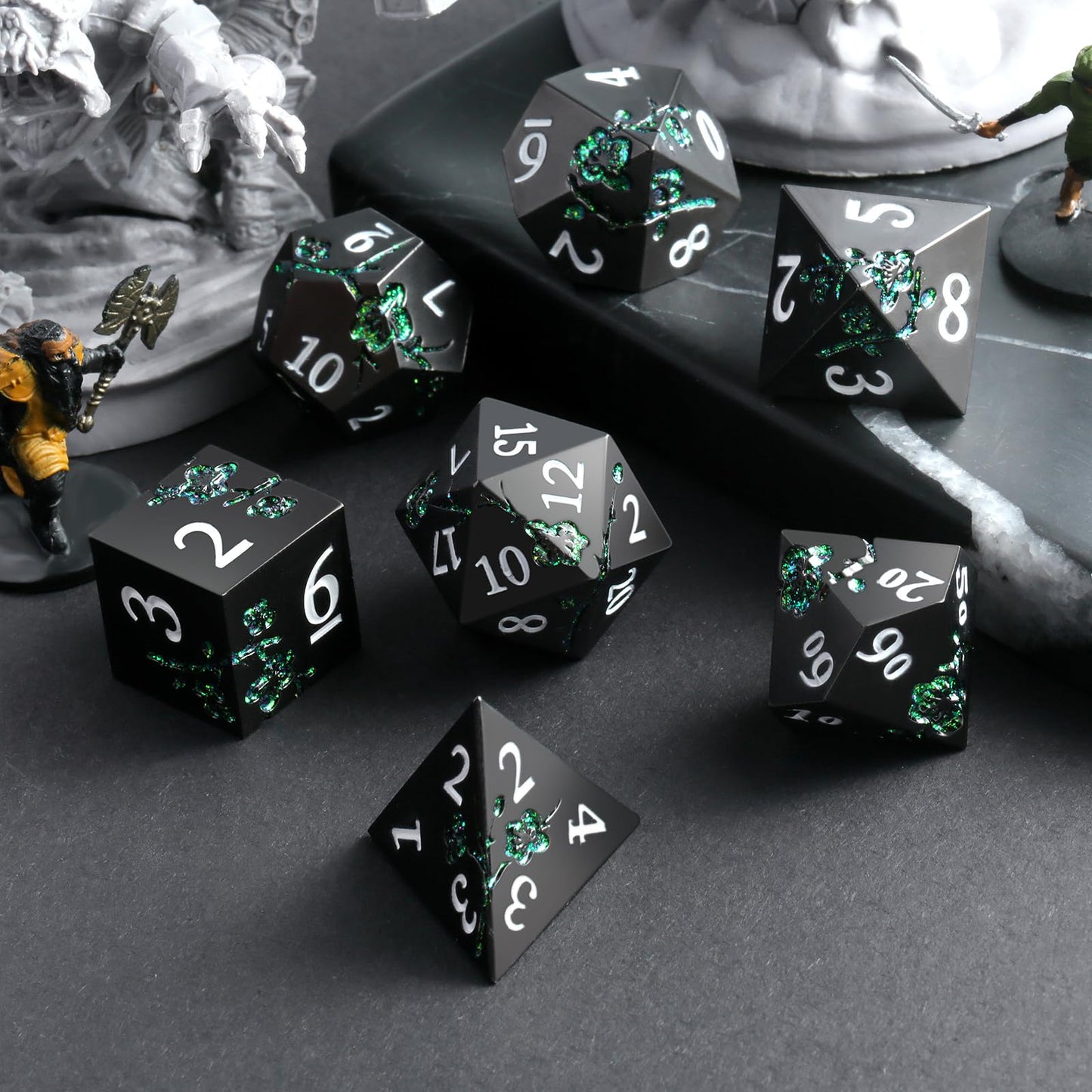 Glitter Green DND Metal Dice, DNDND 7 PCS Flower Metallic DND Dice Set with Grogeous Gift Case for Dungeons and Dragon Tabletop