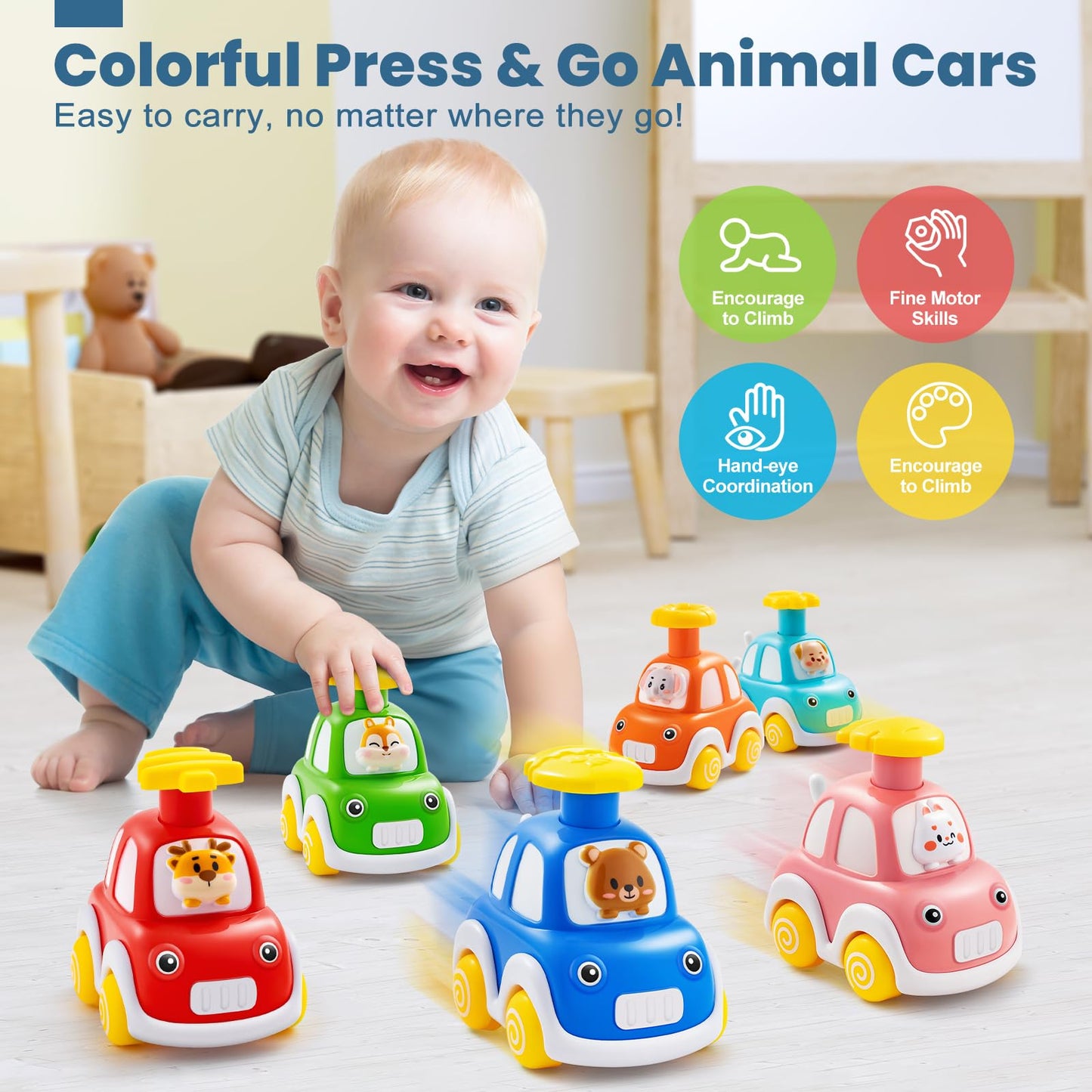 Jyusmile Press And Go Car Toddlers Toys For 1-2 Year Old Boy, 6 Pack Animal Baby Cars Toys For Age 0-2, Infant Push Go Vehicle Toys For 6-9-12-18 Months, First Birthday Gifts For 1-3 Boys Girls