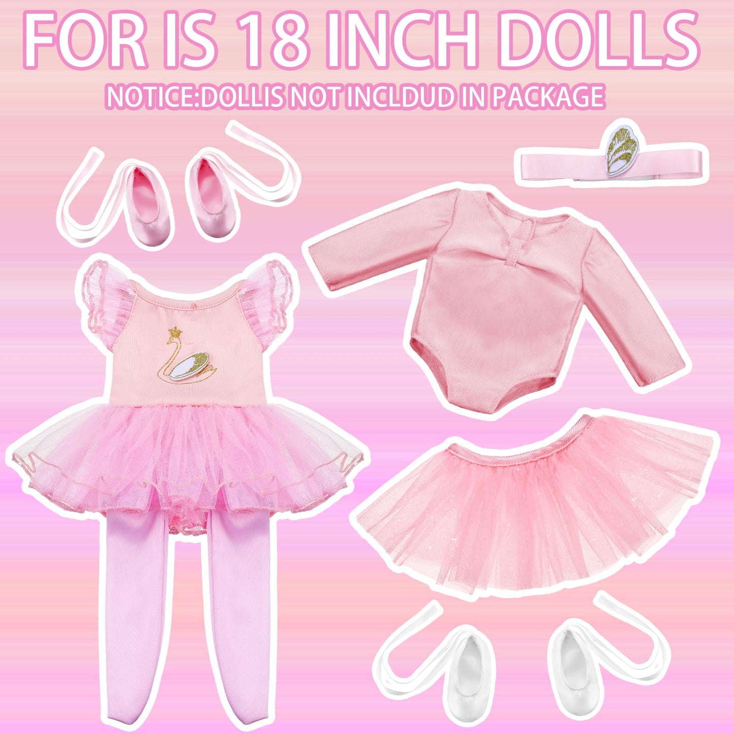 Kajaia 8 Pcs 18 Inch Doll Ballet Ballerina Outfits 18 Inch Doll Clothes and Accessories Ballet Tutu Dance Dress Ballet Shoes Headband Doll Clothes Gifts