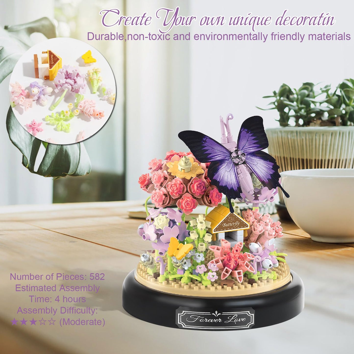 Plintone Flourishing Butterfly Love Flower Bouquet Building Set, 582 Pcs Botanical Collection With Dust Cover, Night Ambiance Wi