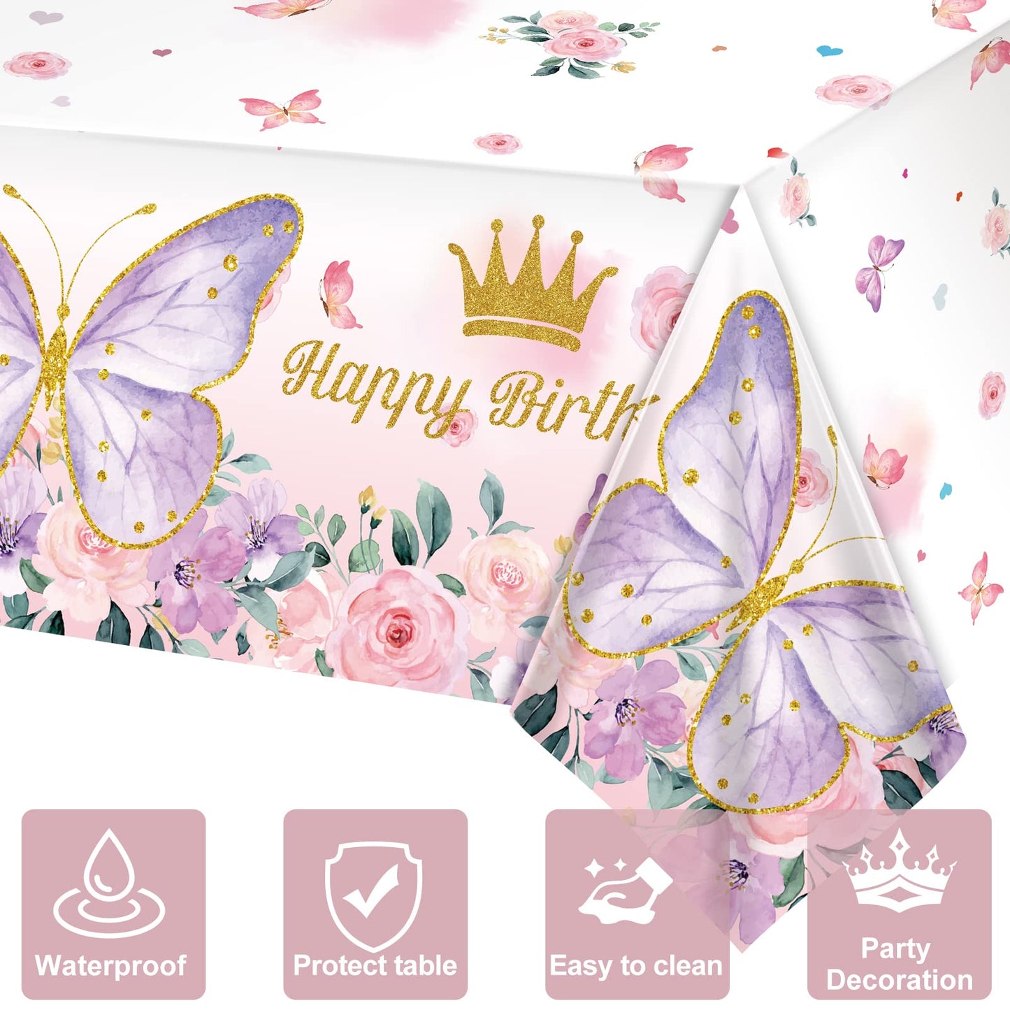 AobkDeco 3 Pieces Butterfly Birthday Tablecloths Happy Birthday Tablecloth Rectangular Watercolor Butterfly Table Cover Spring T