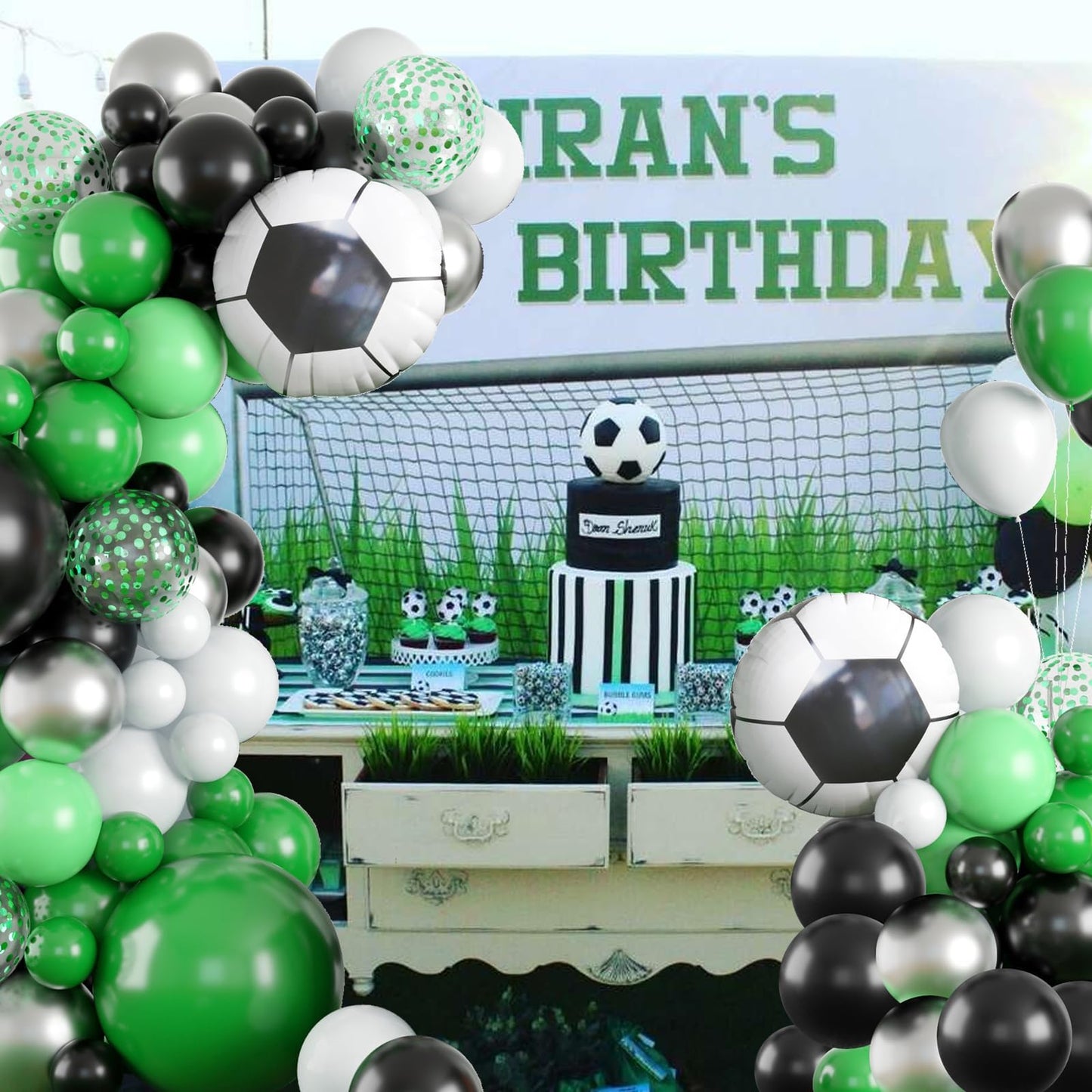 Gresatek Soccer Party Balloon Garland Arch Kit, Green Black White Metallic Sliver Balloons Decorations With Soccer Foil Balloon