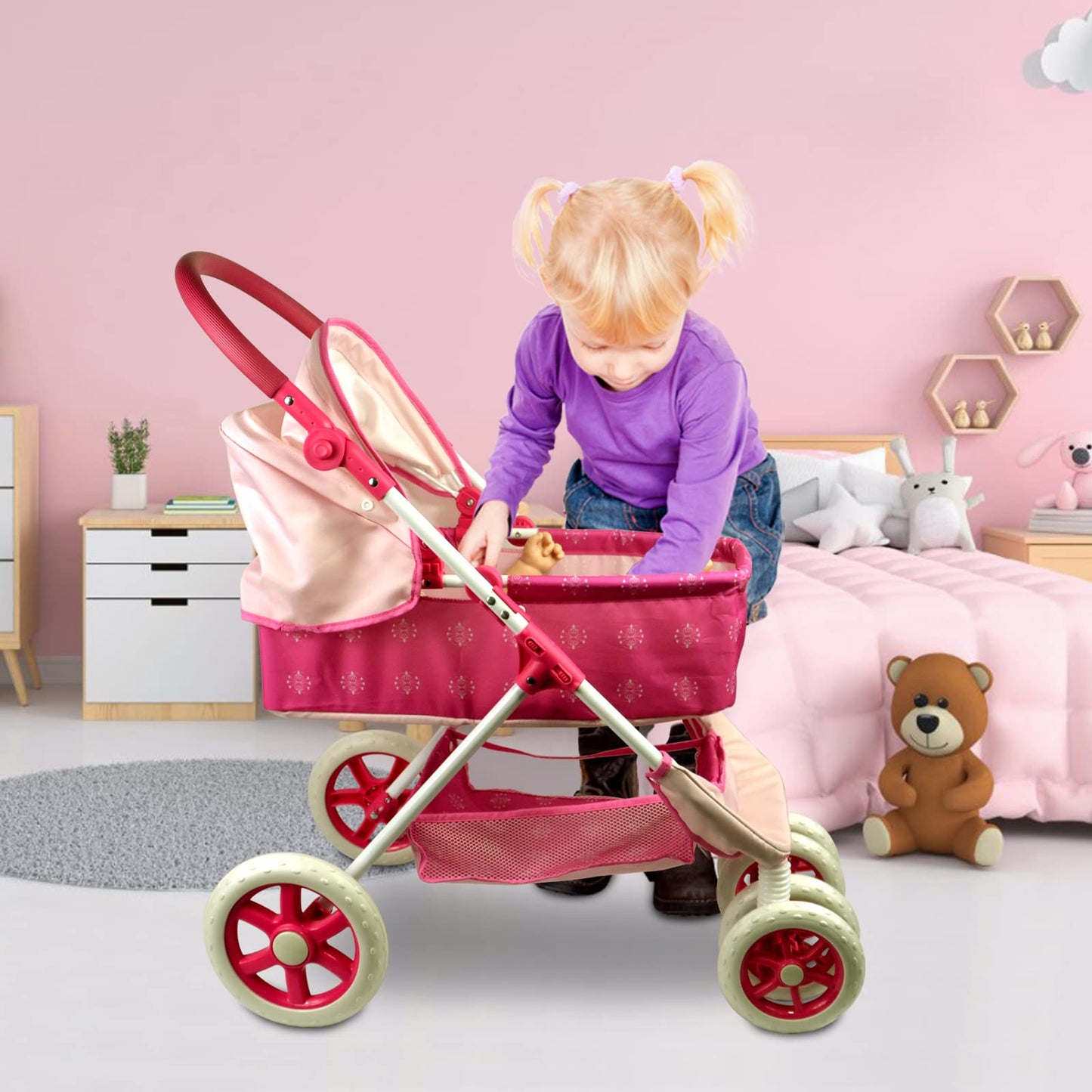 Anivia Dolls Pram, Doll Pushchair, 2 In 1 Stroller Dolls Pushchair & Pram Toys Gift For Kids, Suitable Dolls Up To 18 Inch - Purple