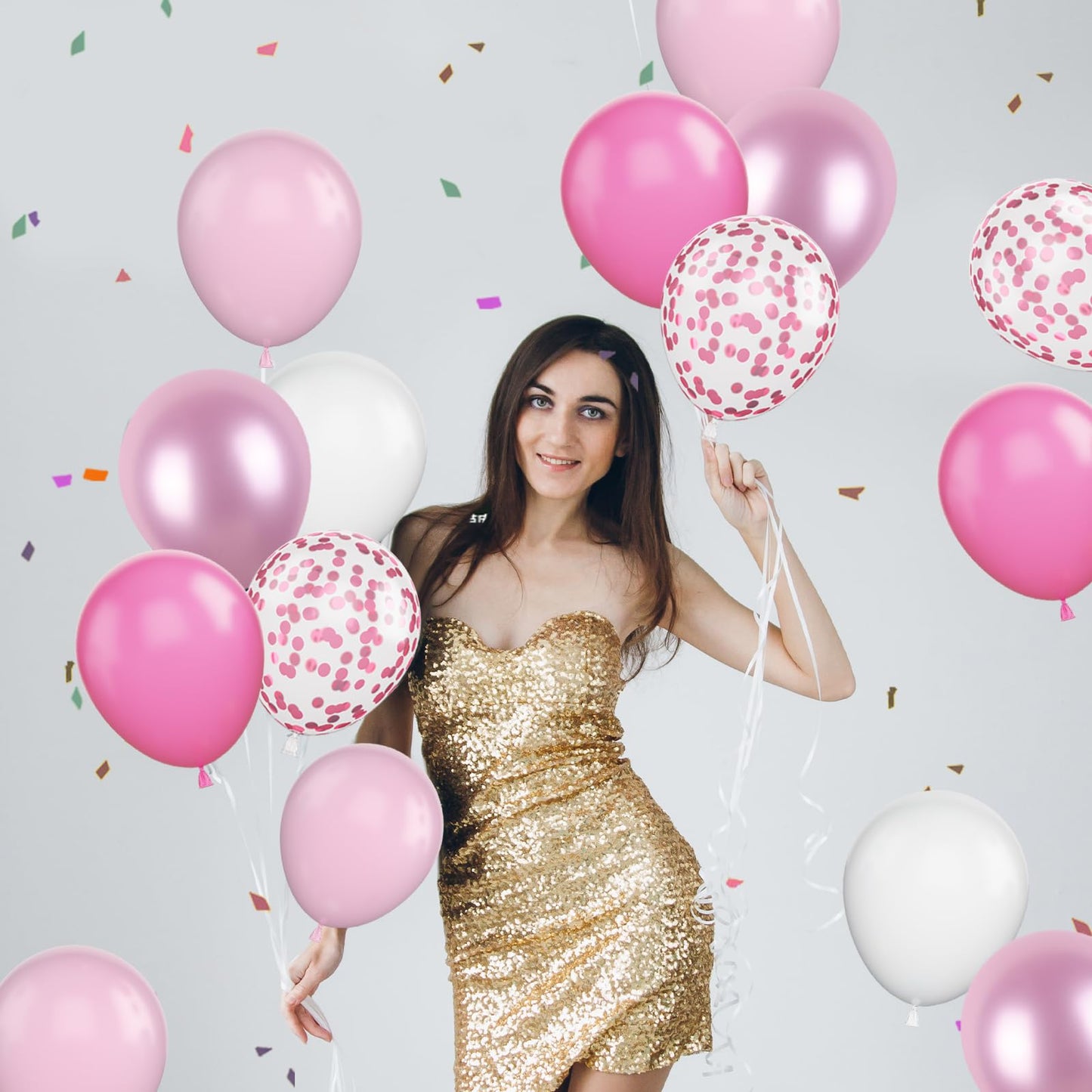 Funhot Pink Balloons, 60Pcs Pastel Pink Pearl White Latex Balloons, 12 Inch Metallic Pink Confetti Balloons Helium For Girls Pri