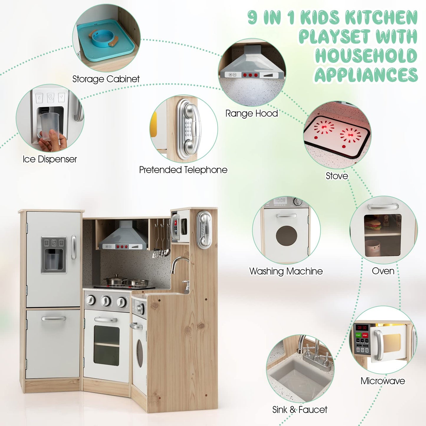 HONEY JOY Corner Kids Kitchen Playset, Wooden Play Kitchen for Toddlers, Range Hood, Phone, Water Dispenser, Storage Box, Little