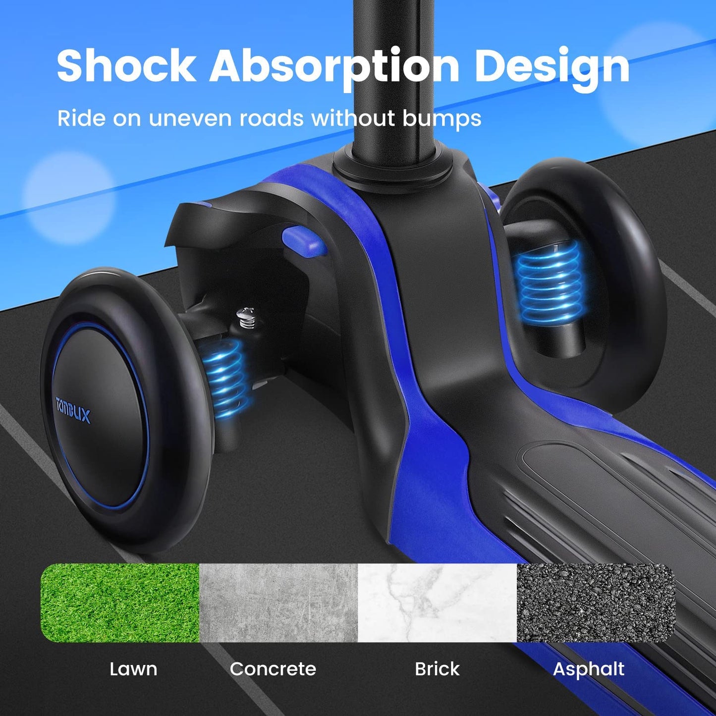 Tonbux Kids Scooter For Age 3-12, Toddler Scooter With 4 Adjustable Heights, Light Up 3-Wheels Scooter, Shock Absorption Design, Lean To Steer, Balance Training Scooter For Kids - Blue