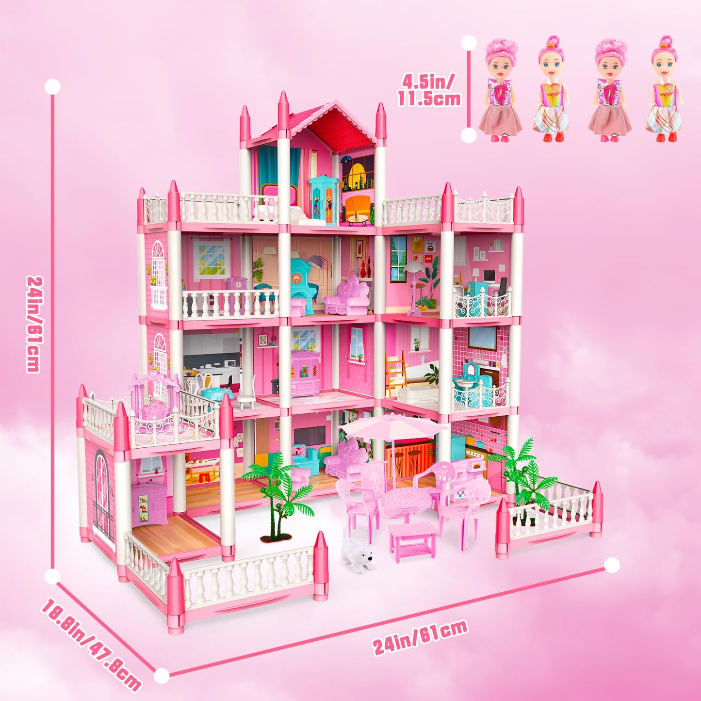 Deao Dollhouse Princess Girl Toys 4-Story 14 Rooms Kids Play Dollhouse Playset With 4 Dolls,Furniture & Accessories,Princess Castle Dollhouse Toy For 3 4 5 6 7 8 Kids Girls Toys