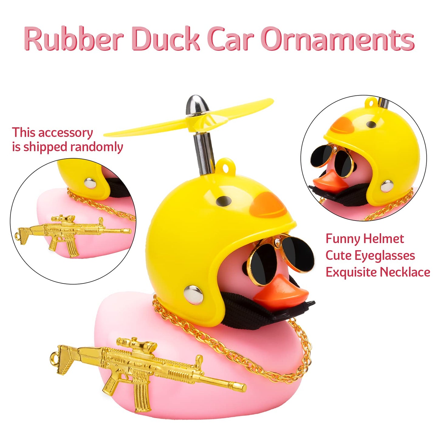 Wonuu Rubber Duck Car Ornaments Pink Duck Car Dashboard Decorations Set With Propeller Helmet, Sunglasses, And Gold Chain. (W-Pink-Chicken)
