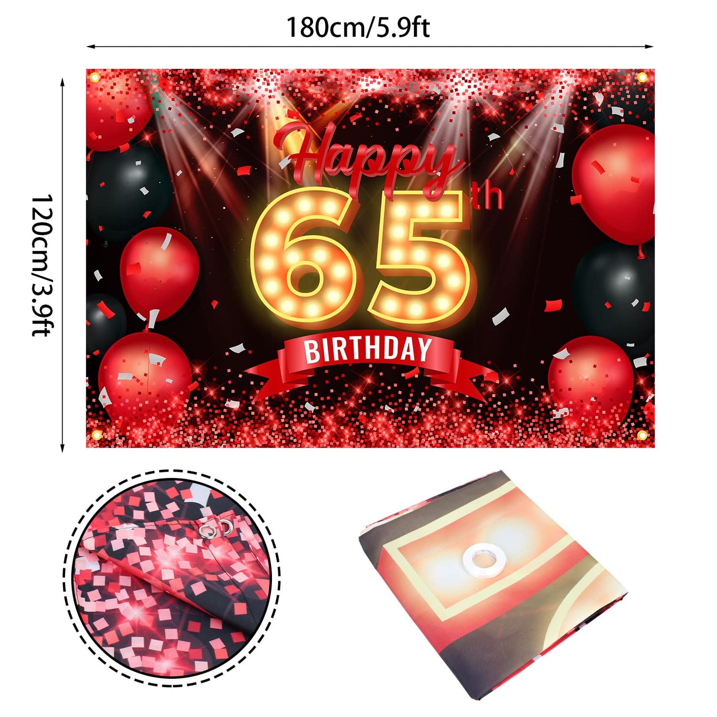 Happy 65Th Birthday Banner Backdrop Red And Black 65 Years Old Background Bday Decorations For Women Men Photography Party Supplies Glitter