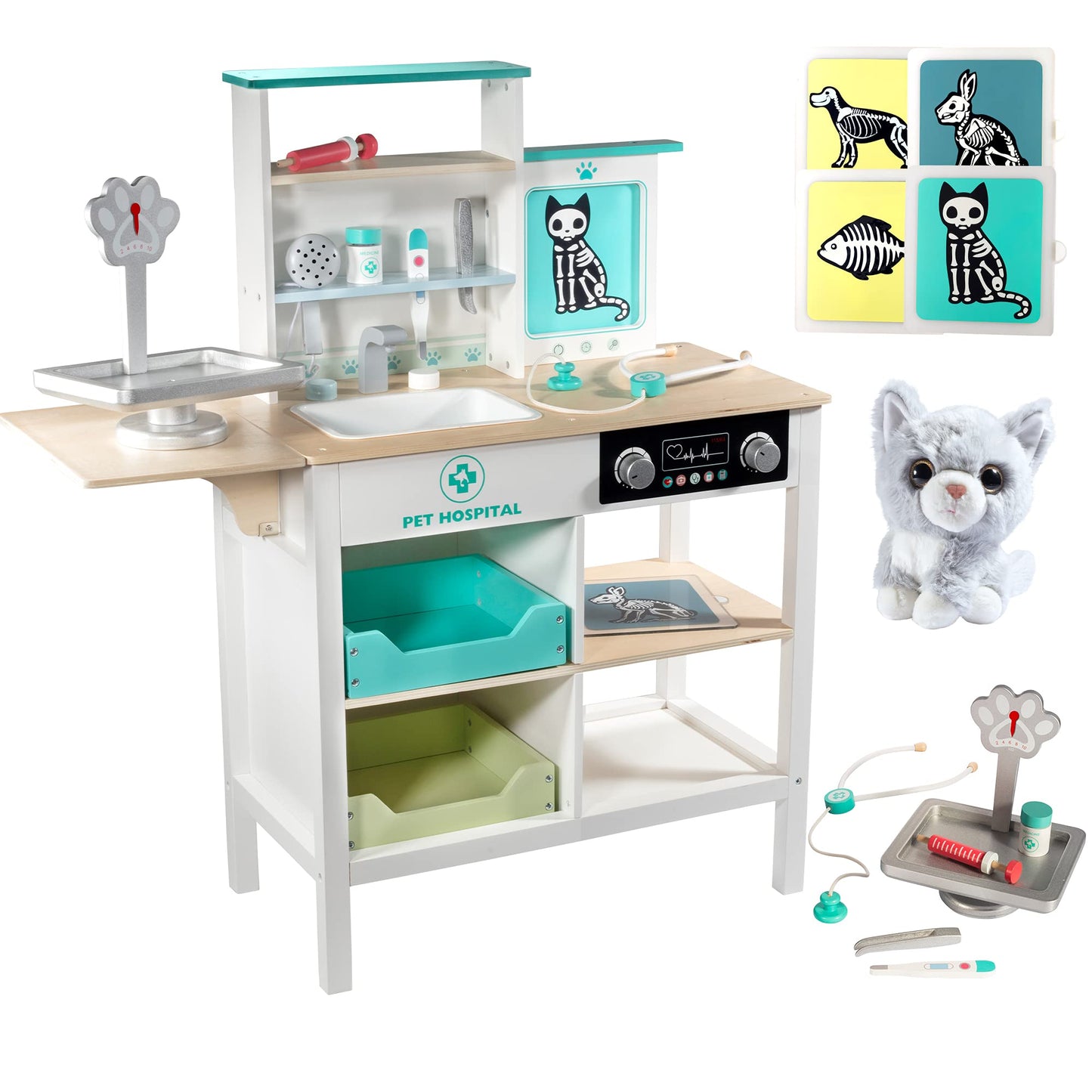 Vet Center Pretend Pet Hospital Playset - Wooden Animal Interactive Medical Checkup Set With Toy Cat, X-Ray Cards, Stethoscope &