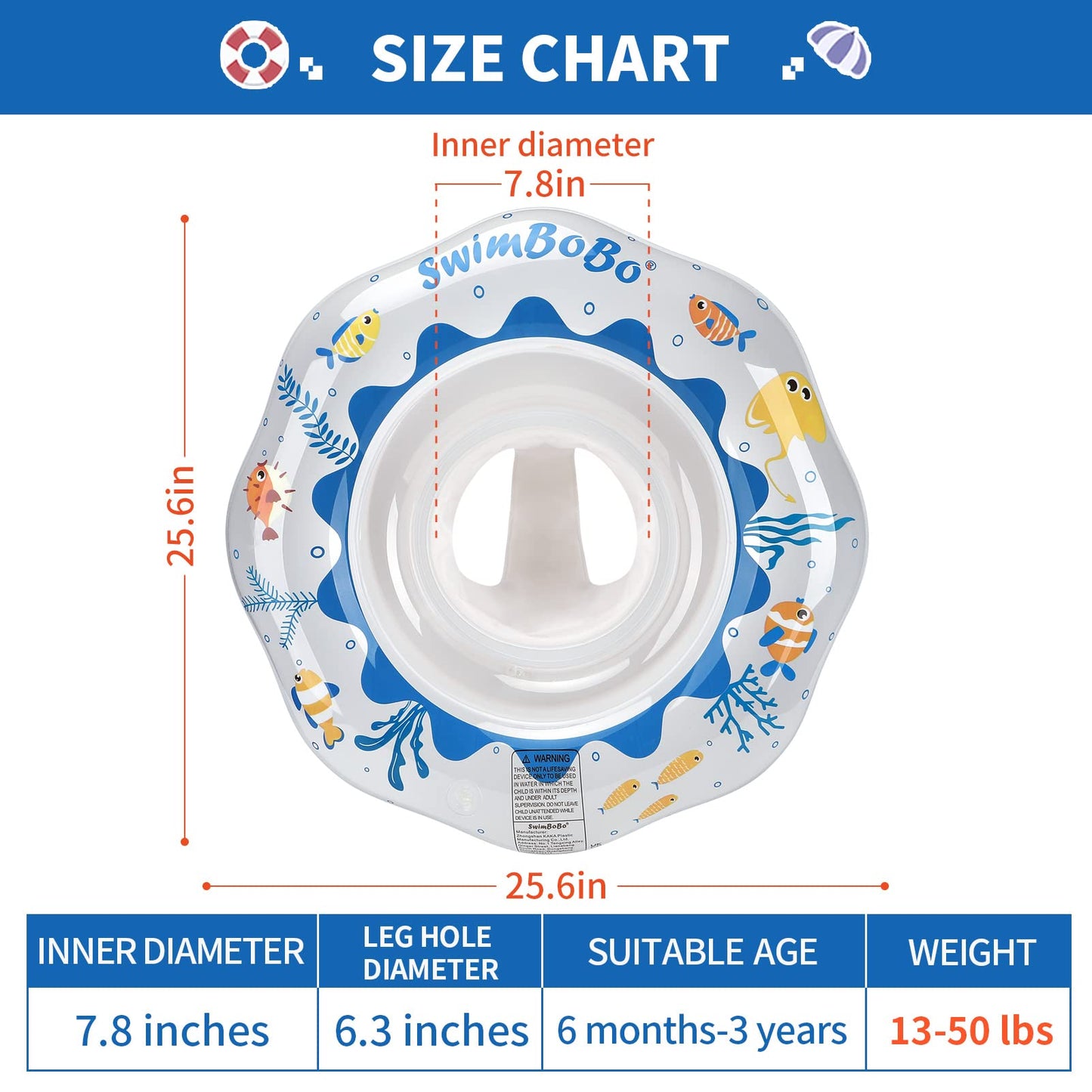 Swimbobo Inflatable Baby Swimming Float With Safe Seat For Age 6-36 Months Toddler (White Ocean)