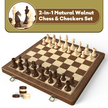 Premium Natural Walnut 15'' Magnetic Wooden Folding Chess & Checkers Set- 2 In 1 Board Game With 3'' King Staunton Pieces And 2