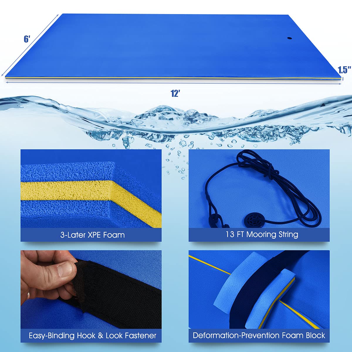 Gymax Floating Water Mat, 12' X 6' Foam Water Floating Pad With Safe Bungee Tether And Storage Straps, 3-Layer Xpe Foam Floating