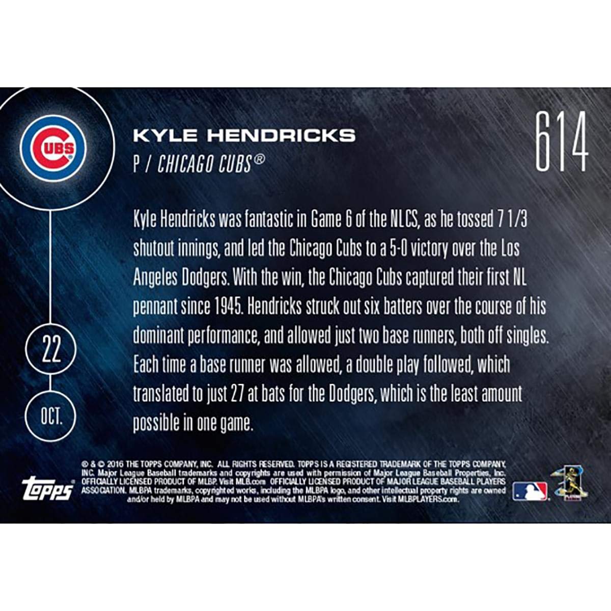Mlb Chicago Cubs Kyle Hendricks #614 2016 Topps Now Trading Card
