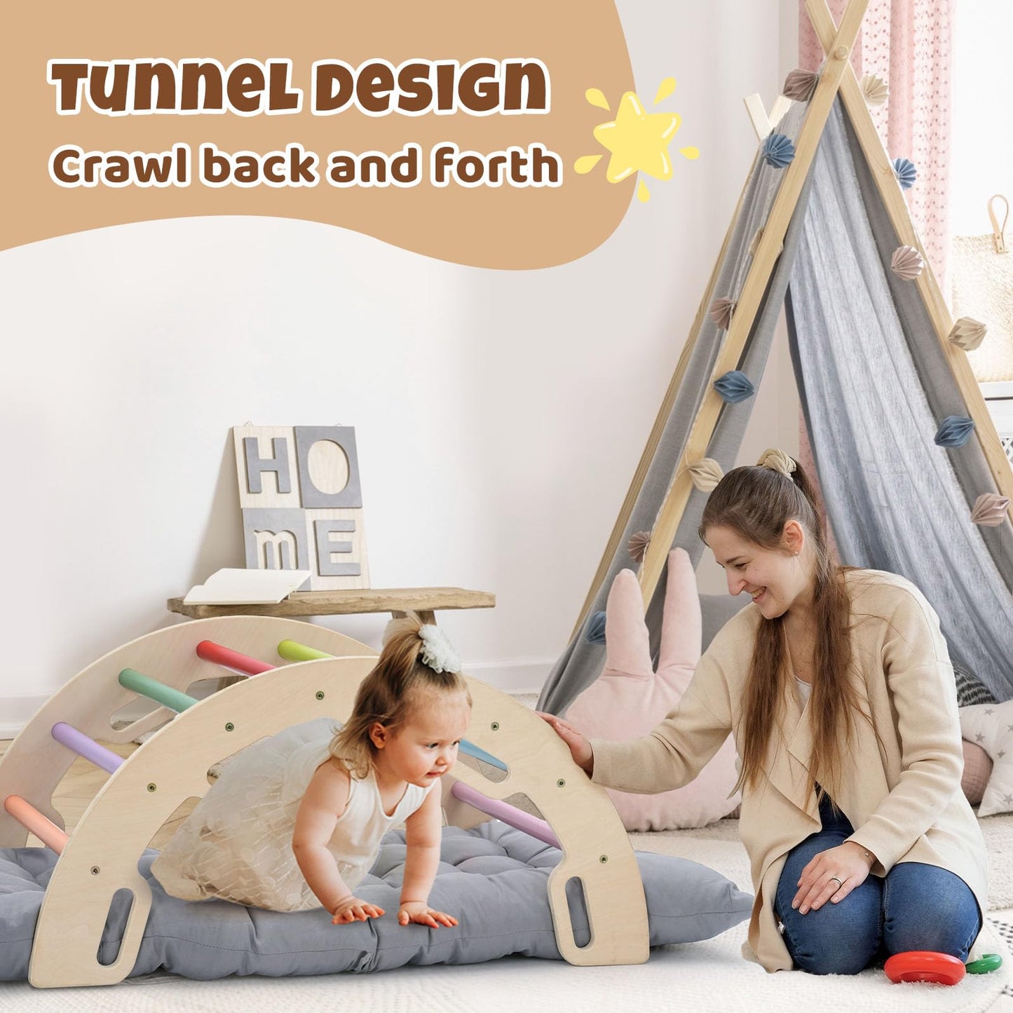 Cosyland Kids Climber Arch Rocker With Cushion,Wooden Indoor Pikler Climbing Toys For Toddler With 4 Handrails On Each Side,Pain