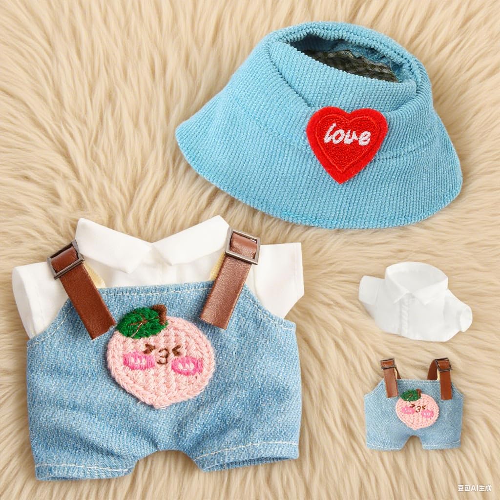 17 cm Doll Clothes 3-Piece Set Stylish Clothes for 17cm Doll enhanced Outfit with Accessories for Doll- Red Heart Cyan Hat & Polo Shirts & Peach Romper (NO Doll)