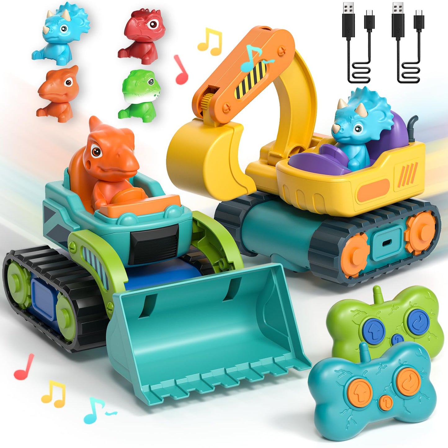 Lehoo Castle Construction Toys, 2 Pack Remote Control Car for Toddlers 1-3, Rechargeable Excavator Toy Bulldozer Toys for 2 Year