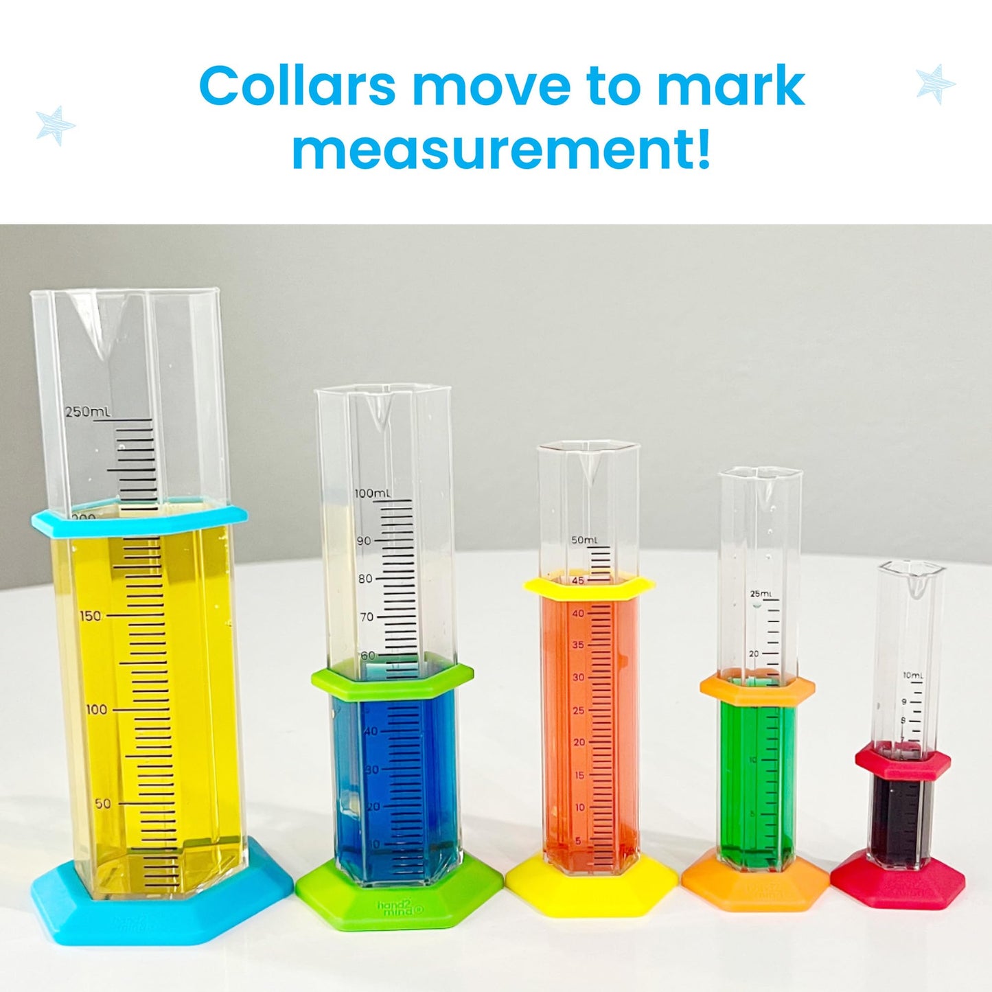 hand2mind Graduated Cylinder Set for Kids - Science Lab Equipment, Plastic, One Size, Set of 5, Educational Chemistry Supplies