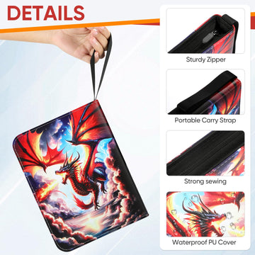 Deluxe Fire Dragon Trading Card Binder - 4-Pocket Zipper Album with 400 Pockets & 50 Removable Sleeves enhanced Holder for Game/Sports Cards Ideal for Collectors Boys & Girls