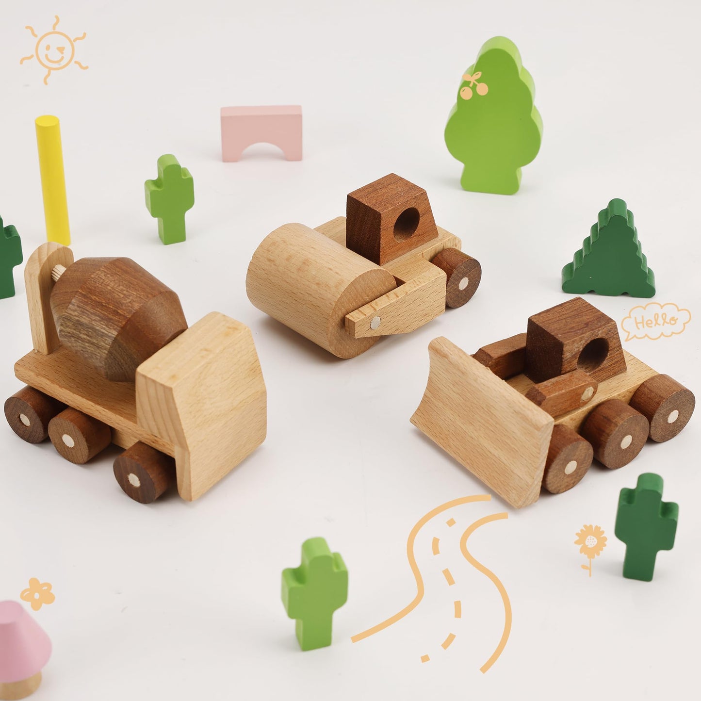 MONT PLEASANT Wooden Construction Vehicle Toy Set of 3 Toddler Montessori Toys Cement Truck Bulldozer Steam Roller Toy Car with Rolling Wheels Kid Construction Toys Educational Gift for Boys & Girls