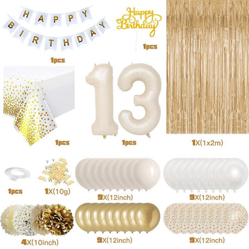 13Th Birthday Decorations For Girls, Gold Official Teenager Decorations White And Gold Balloons Happy Birthday Banner Tablecloth