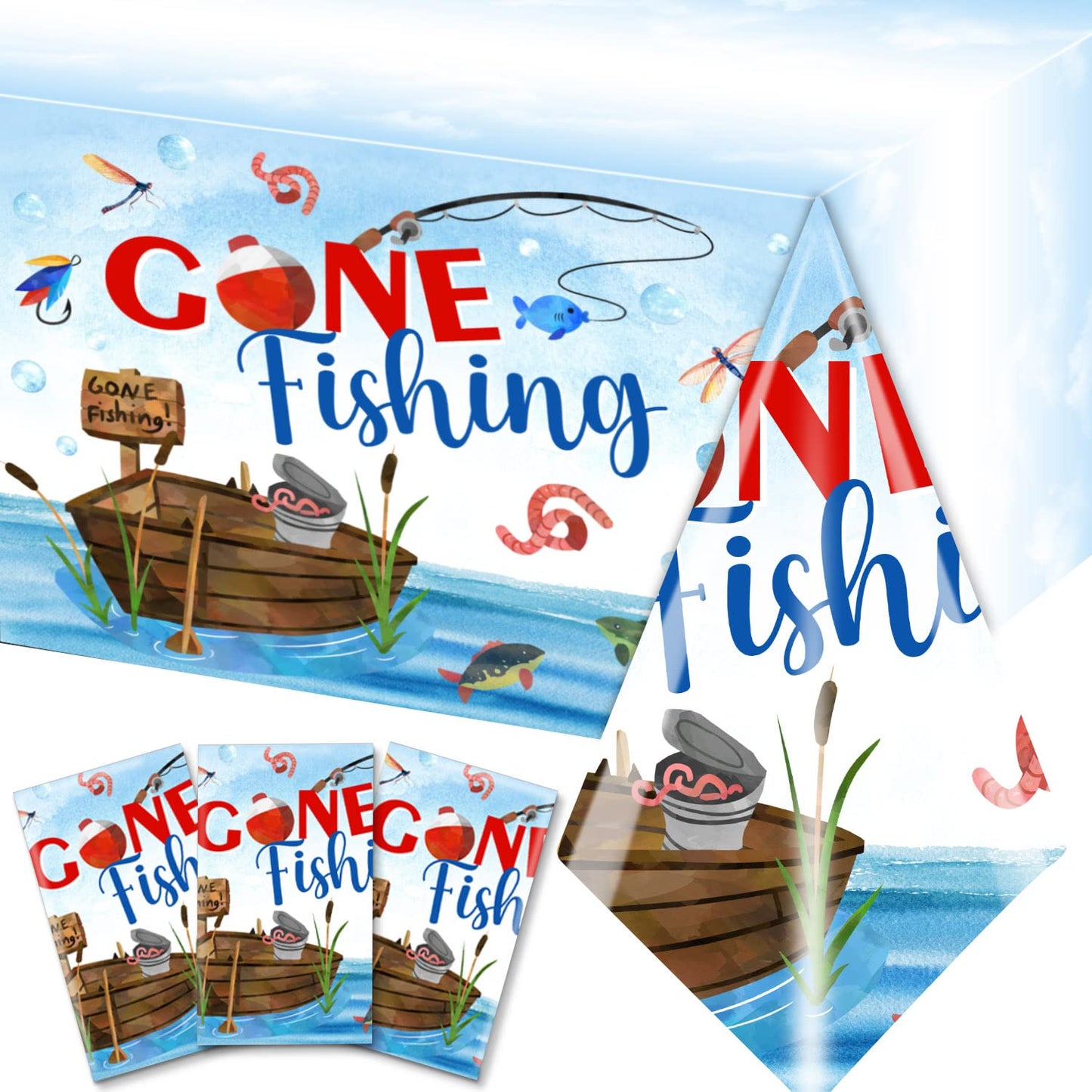 Grehumor 3Pcs Gone Fishing Tablecloth For Fishing Party Supplies Decoration Little Fisherman Themed Table Cover Plastic Disposab