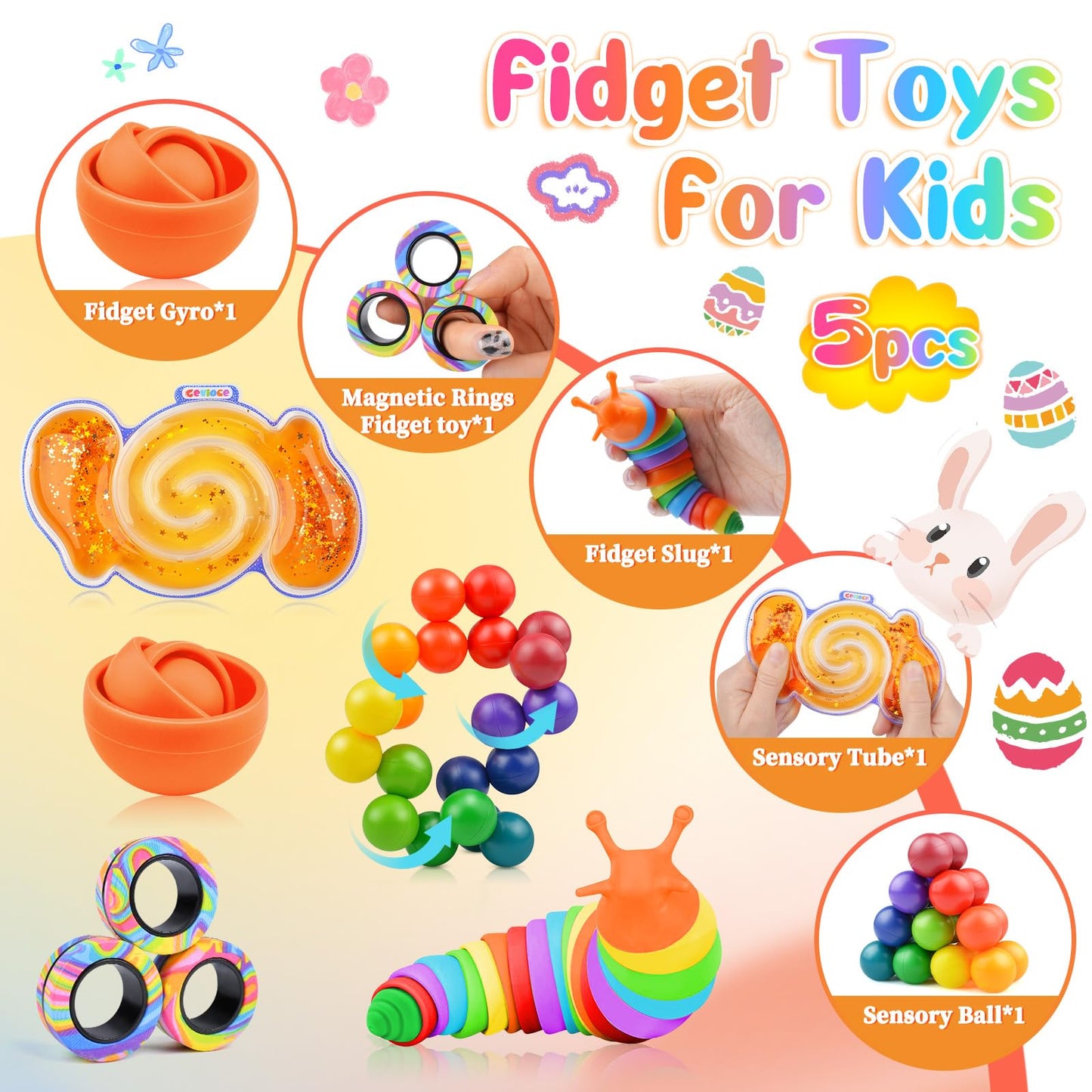 Cevioce 5Pcs Fidget Toys Adults Pack,Stocking Stuffers For Teens Boys Girls,Autism Sensory Toys With Fidget Spinner Slug Magnetic Rings,Squishy Fidget Toys Adhd Stress Relief,Party Favor For Kid-G