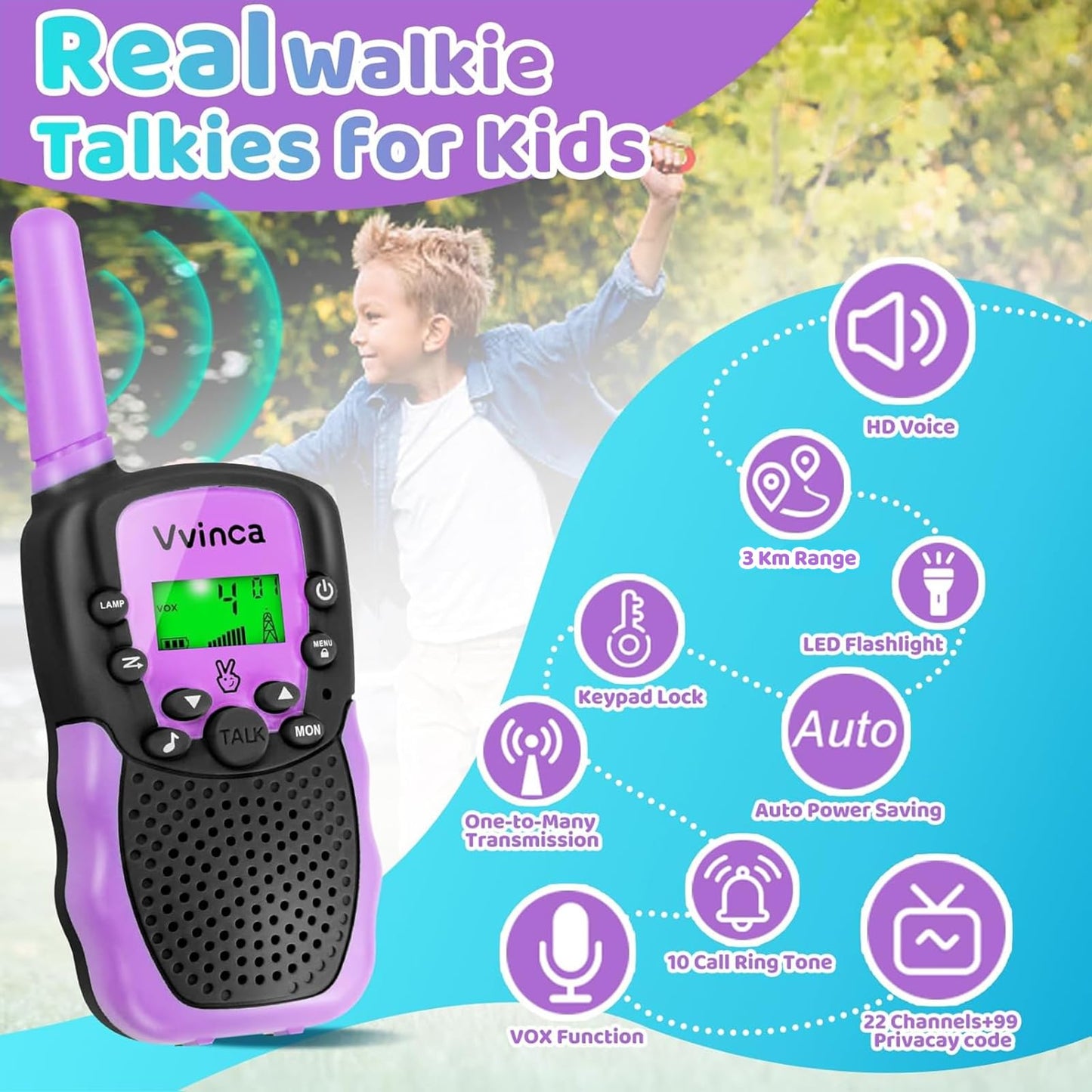 Vvinca Walkie Talkies For Kids, Rechargeable Walkie Talkie Toy Gift For 3-12 Year Old Girl Boy With 22 Channel 2 Way Radio Flash