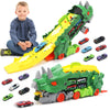 Transformer Dinosaur Truck Toys For Kids Ages 3-7, Foldable Car Transporter With Race Track, Triceratops Transport, With 8 Cars