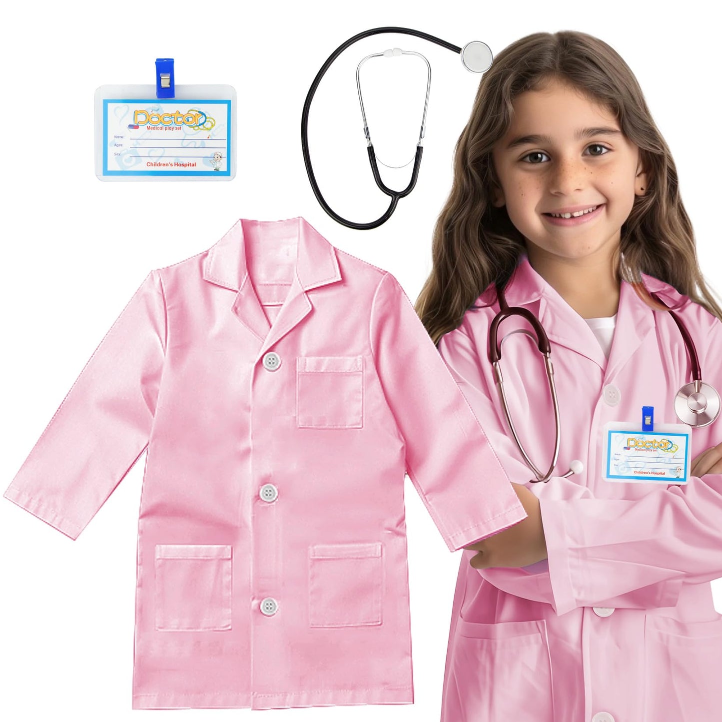 Riorand Kids' Doctor Lab Coat Costume With Accessories Role Play For Boys Girls Playset Nurse Costume Age 3-12 (Pink, M-130Cm/6-