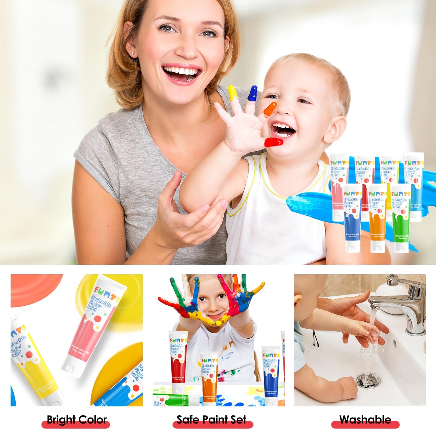 Funto Kids Washable Finger Paint Set, 25 PCS Non Toxic Art Painting Supplies for Baby, Includes Finger Paint Paper Roll, Brush S